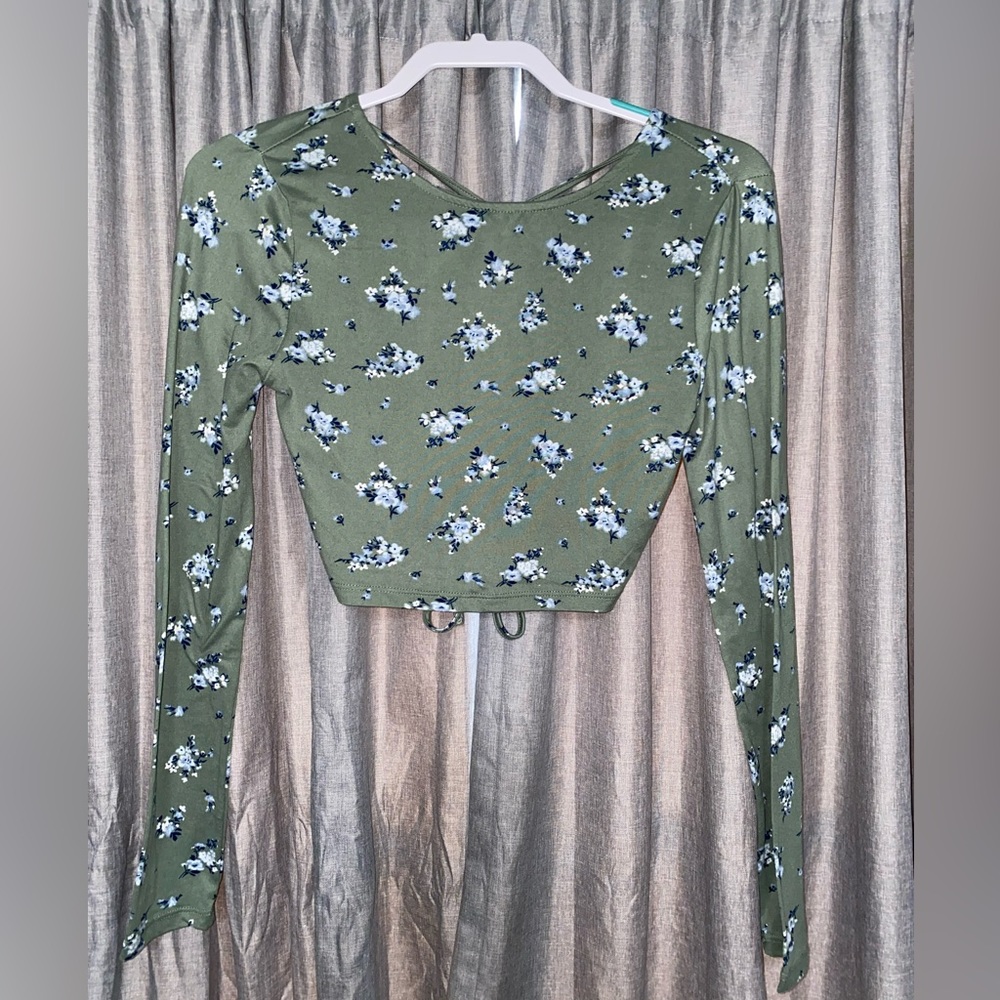 Medium, green flowered crop top, open back, Full Circle Trends